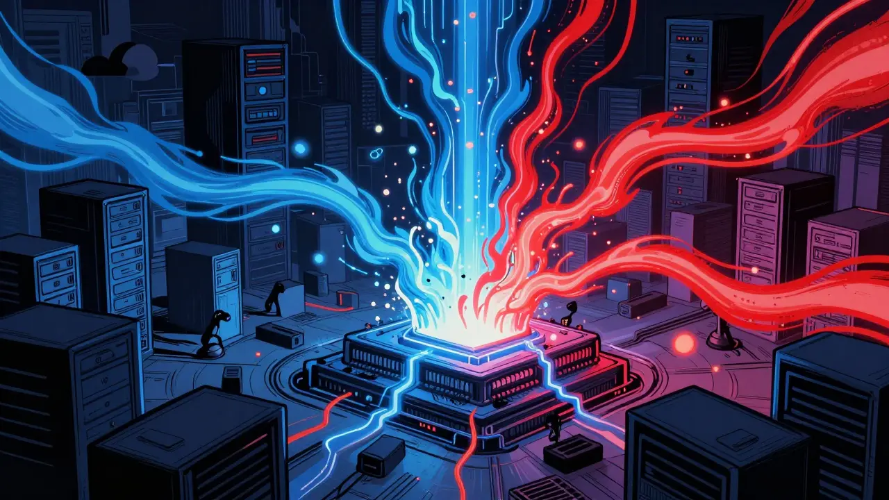 Futuristic comic art depicting the fusion of BERT and GPT architectures into a hybrid AI model.