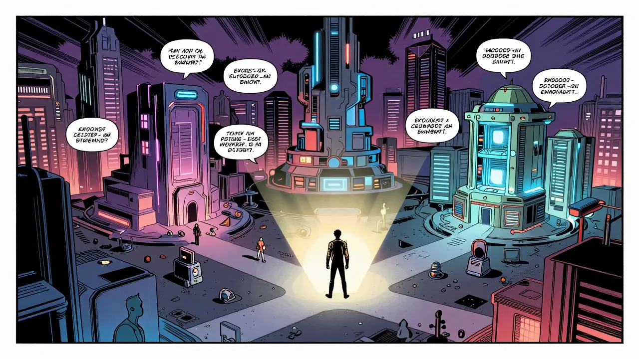 Futuristic comic scene depicting hybrid AI models and market trends