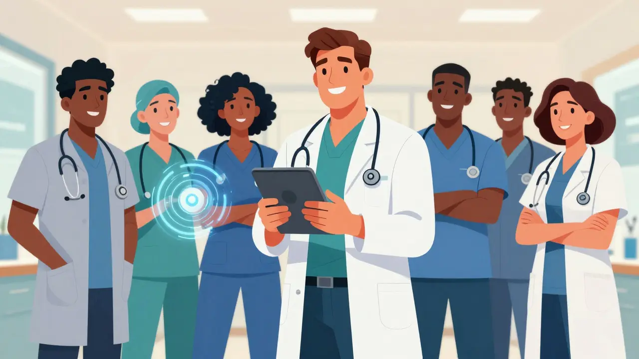 Healthcare team using AI tools in a modern clinic