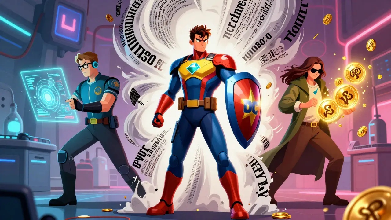 Heroes representing AI robustness techniques fighting chaos