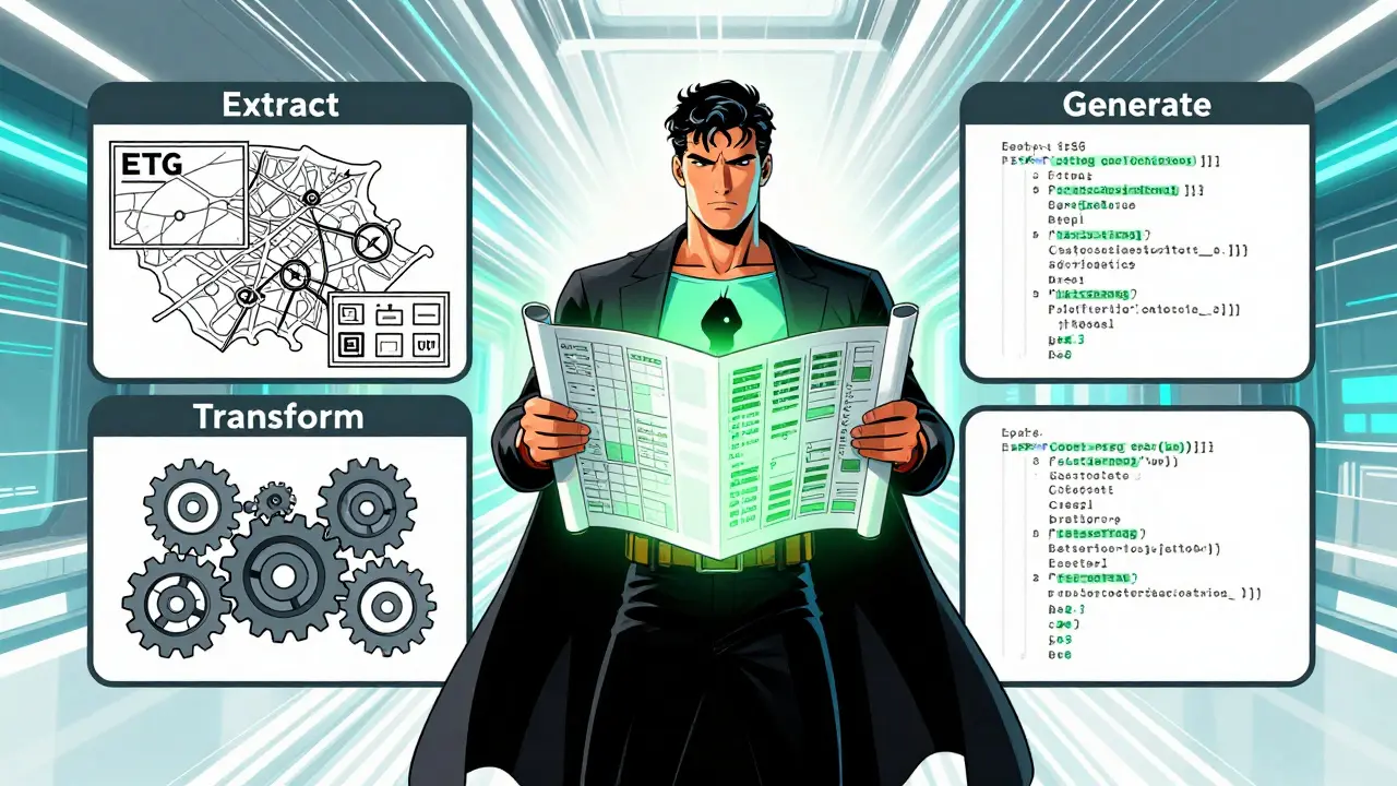 Heroic depiction of structured prompt chaining organizing code refactoring tasks.