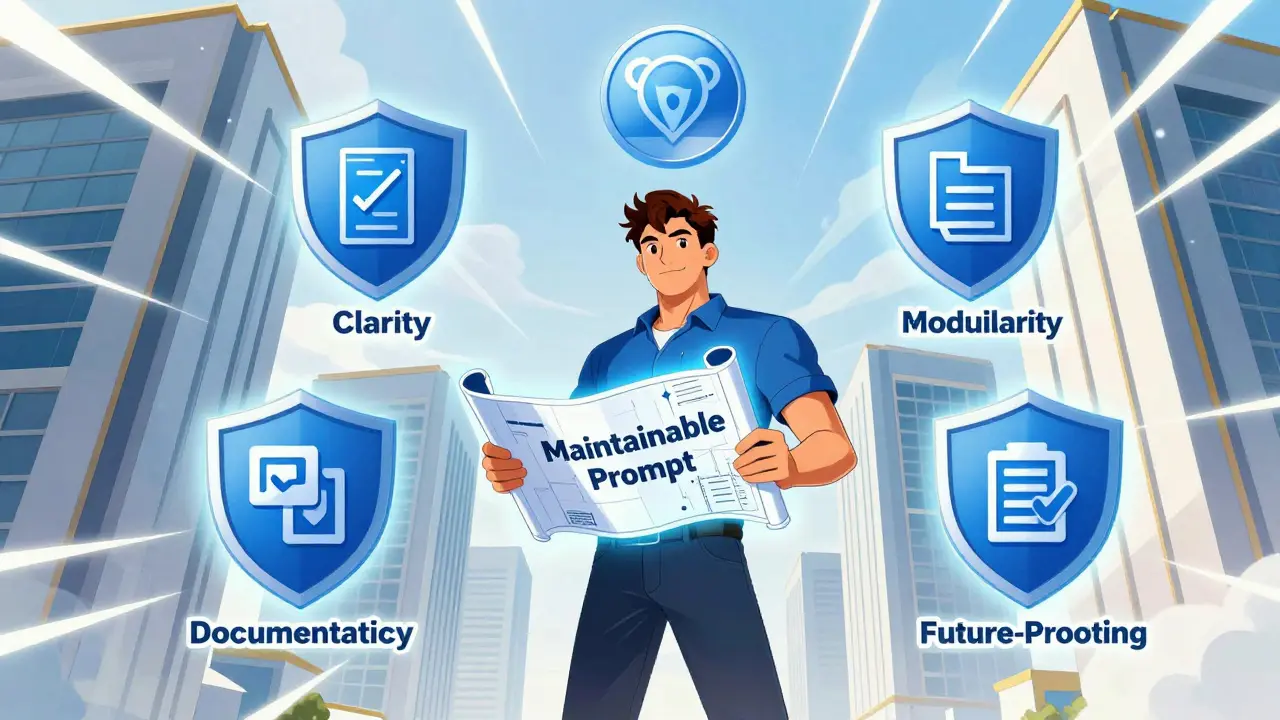 Heroic developer holding a blueprint with five shields for maintainable coding principles.