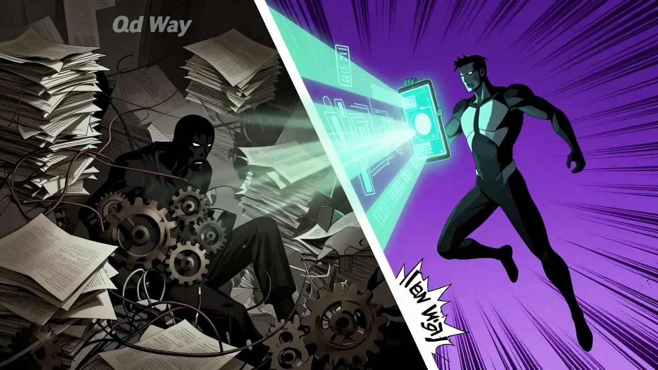 Heroic figure using AI tool vs frustrated worker with old tech, DC style