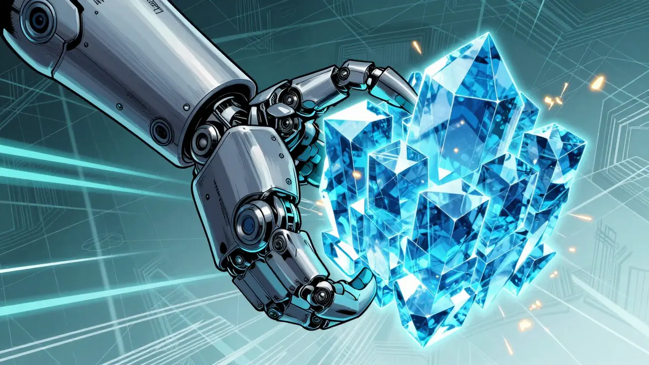 Robotic arm compressing glowing data crystals to represent vector quantization.