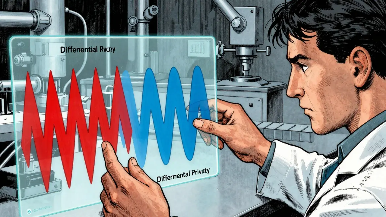 Scientist filtering raw personal data into safe, anonymized streams using differential privacy.