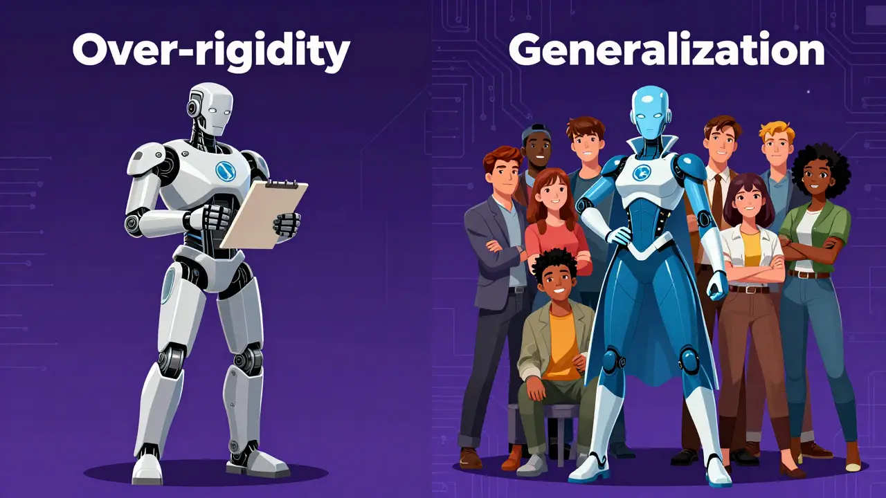 Split screen comparing rigid AI compliance versus flexible assistance