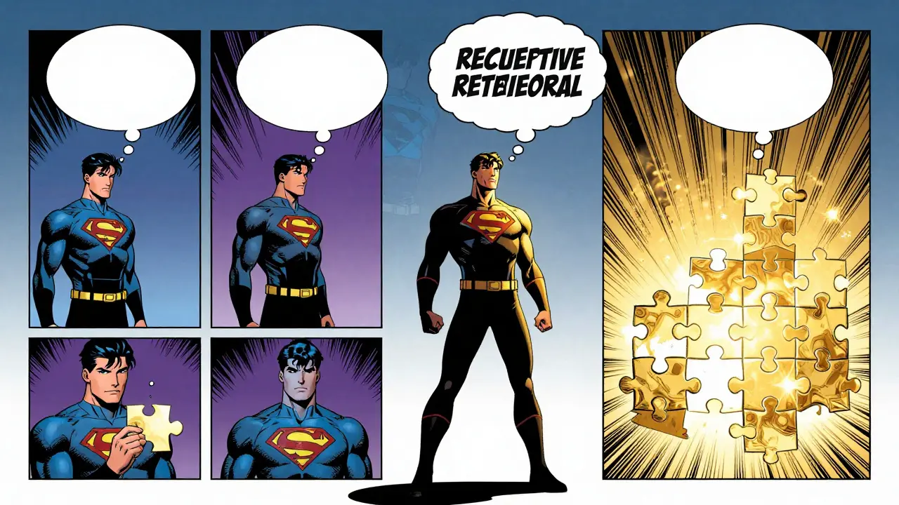 Superhero solving puzzle through recursive steps