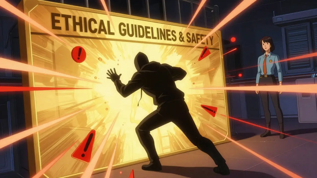 Superhero-style art showing safety protocols blocking a malicious user request.