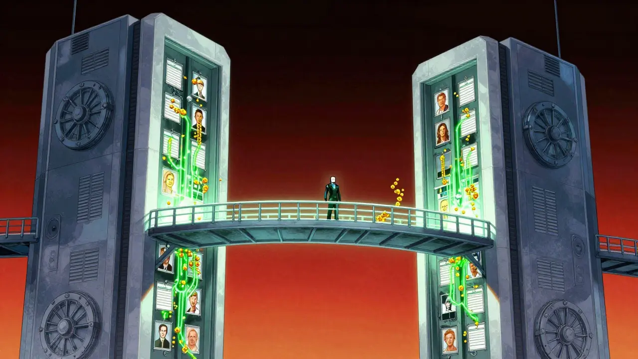 Two hospitals sharing synthetic data securely via a glowing bridge without exposing real records.