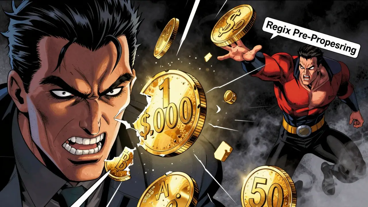 Villain breaking apart currency values into fragments, illustrating numerical tokenization errors.