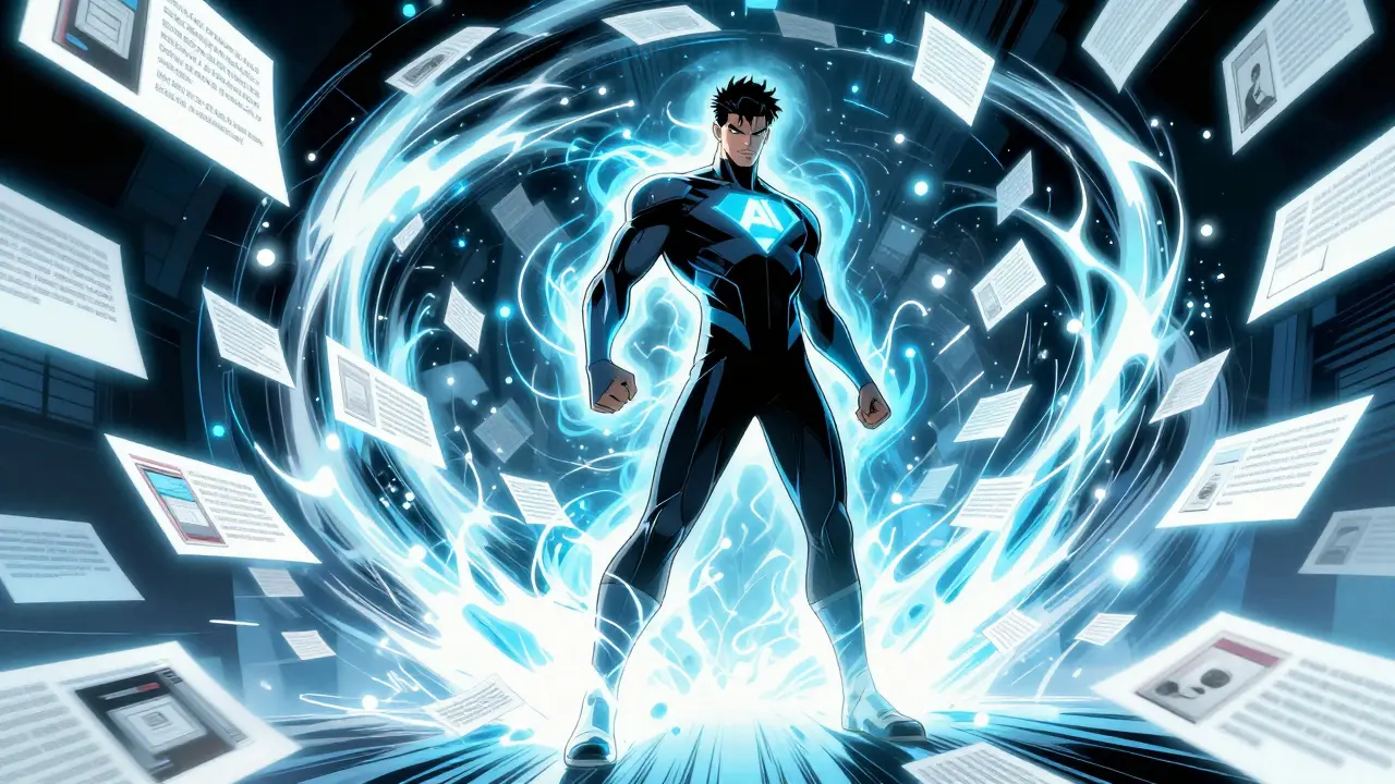 A superhero figure surrounded by flying product description cards symbolizing fast AI generation.