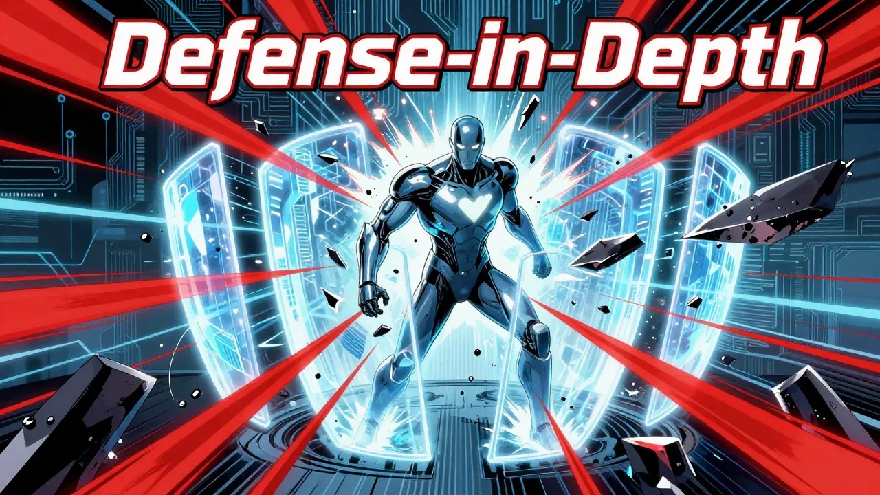 AI agent defended by layered energy shields against cyber attacks in DC comics art