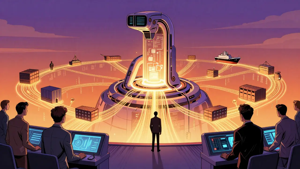 AI core managing logistics while humans oversee in comic style