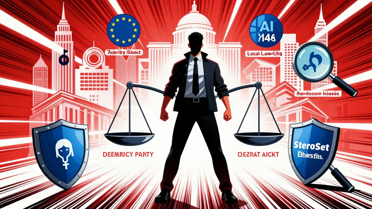 Auditor surrounded by fairness metrics and regulatory symbols