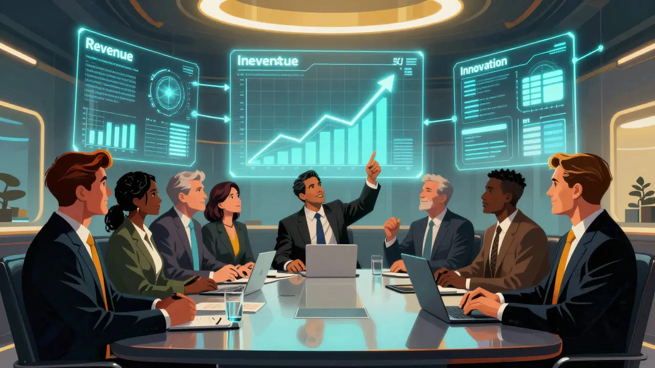Business team aligning AI strategy with glowing KPI projections