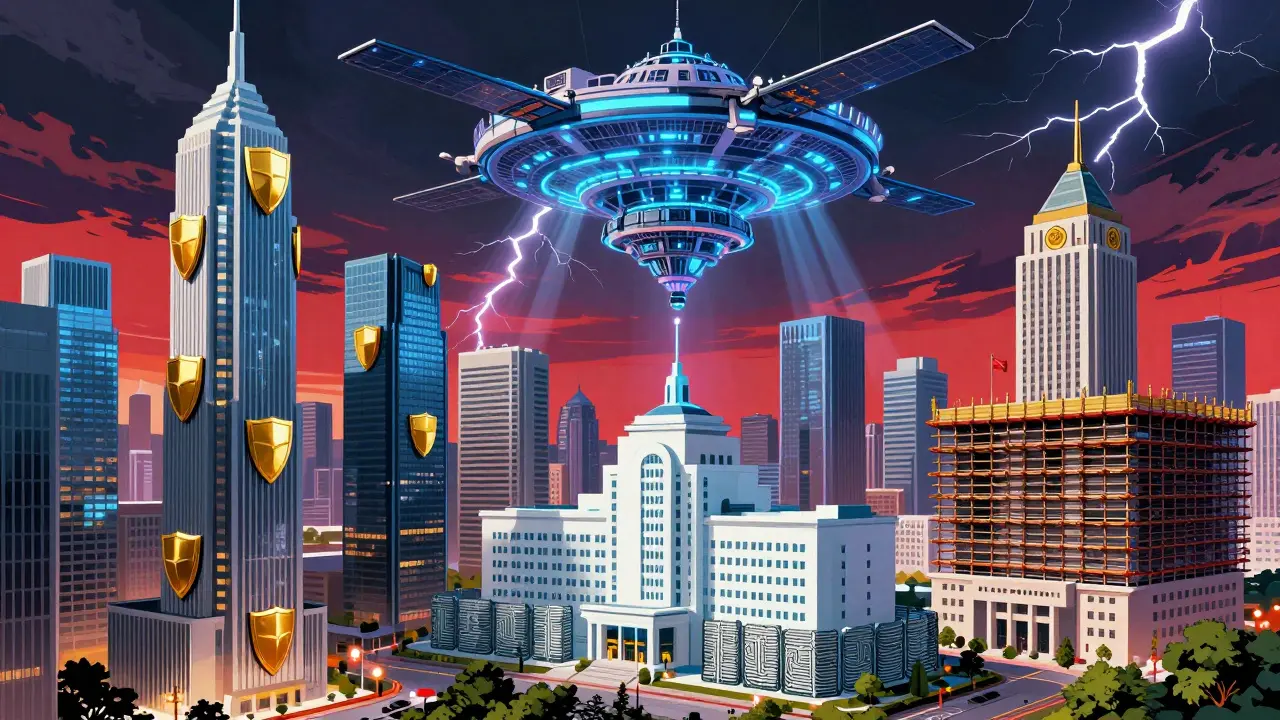 Cityscape showing different industries' AI security levels