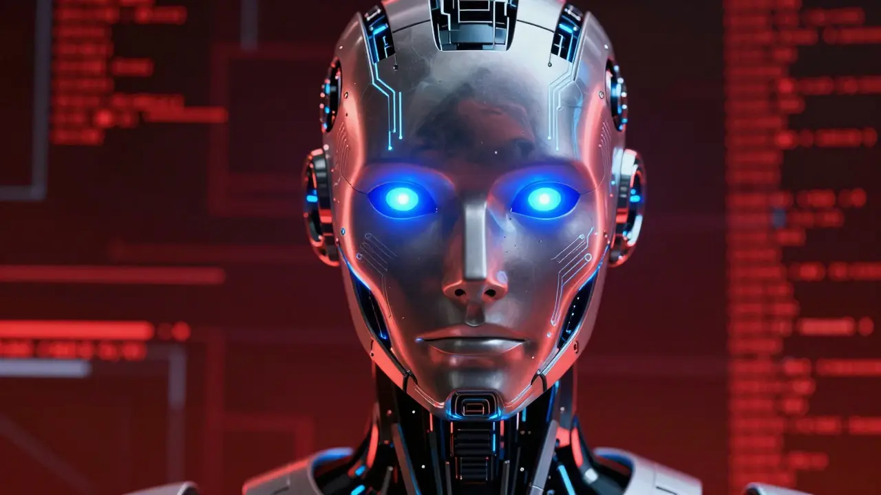Close-up of a metallic AI robot with glowing blue eyes against a dark background