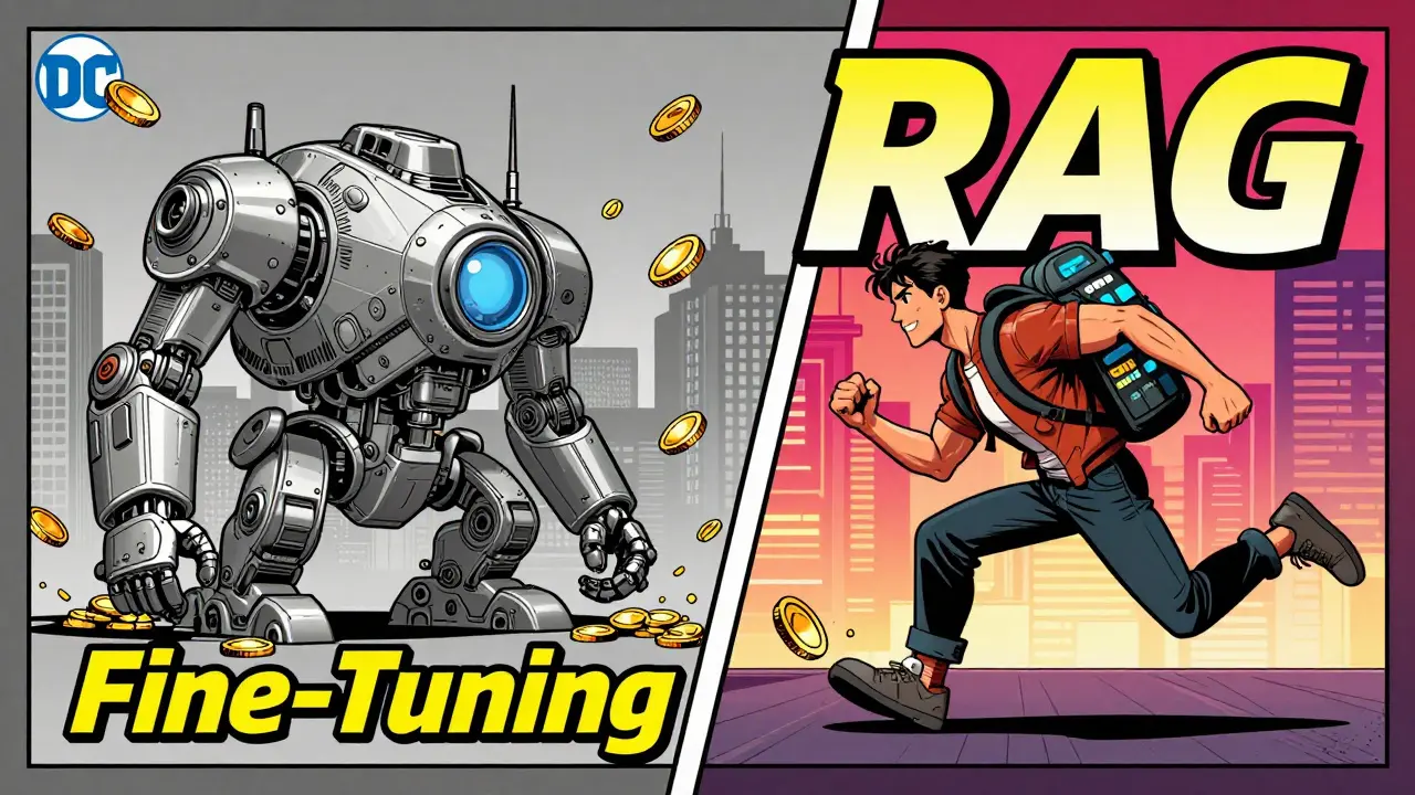 Comic comparison of agile RAG vs expensive fine-tuning