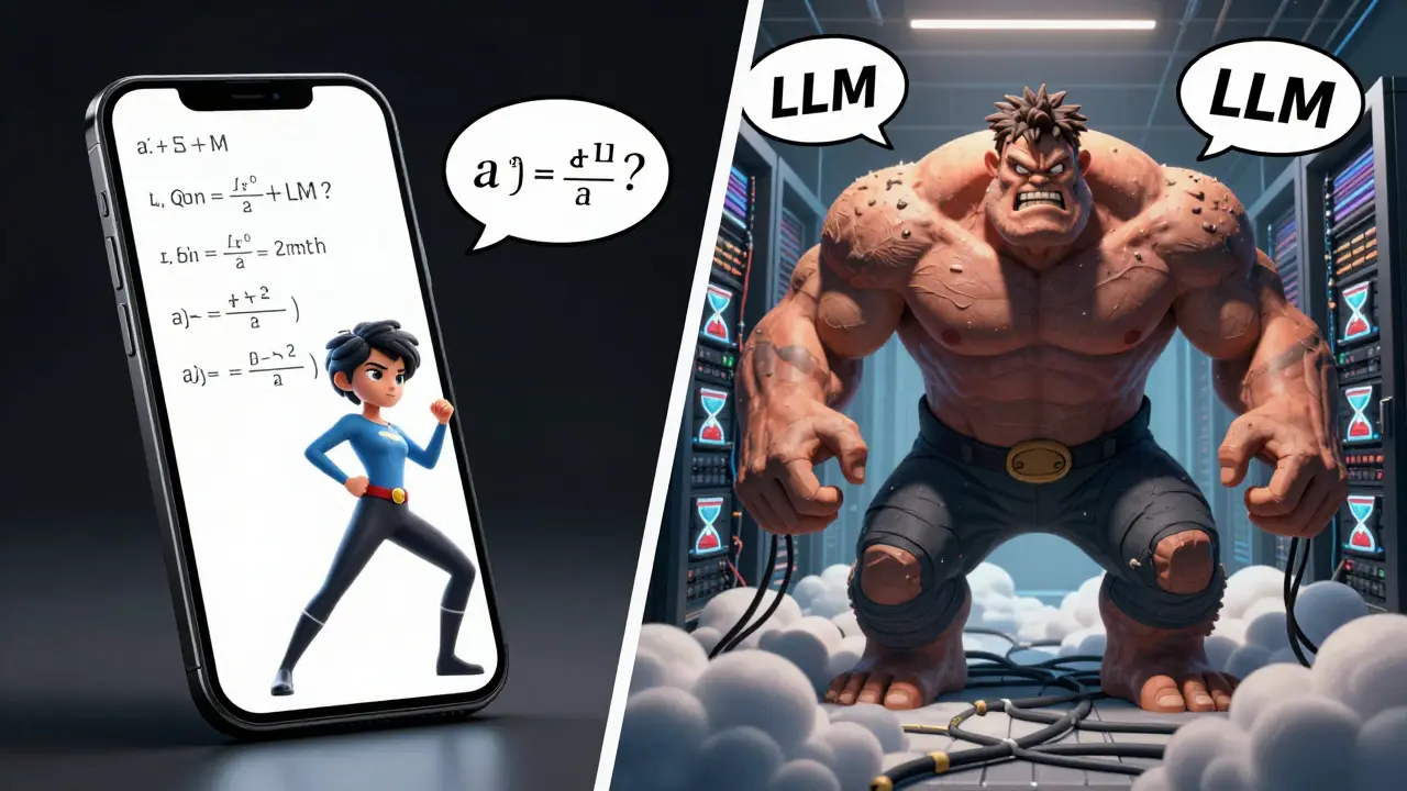 Comic split panel: agile small AI solving math vs sluggish giant cloud LMM