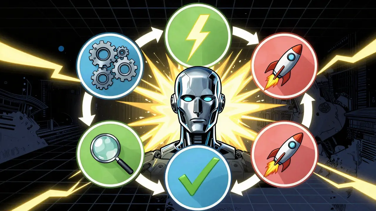 Conceptual diagram of an AI agent loop with five stages connected by energy lines