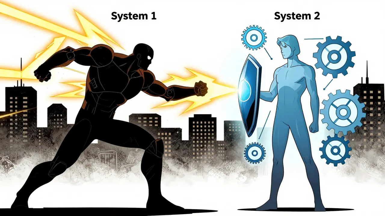 Conceptual fight between fast intuition and slow analytical thinking