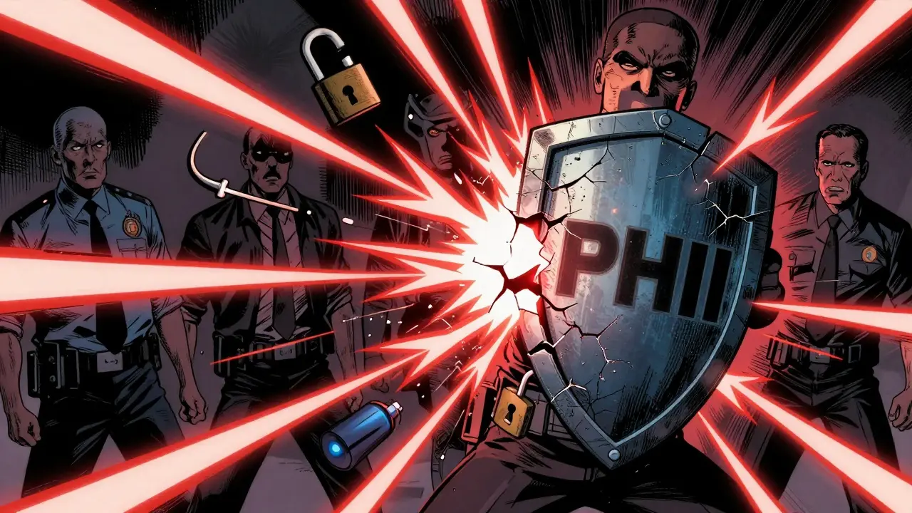 Cracking PHI shield under attack by security risk energy bolts in comic art