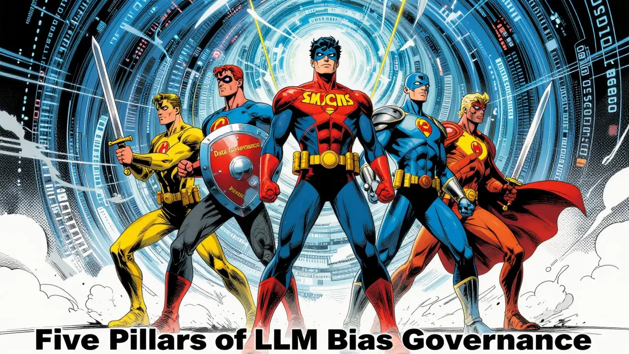 DC comic style: Heroes representing governance pillars