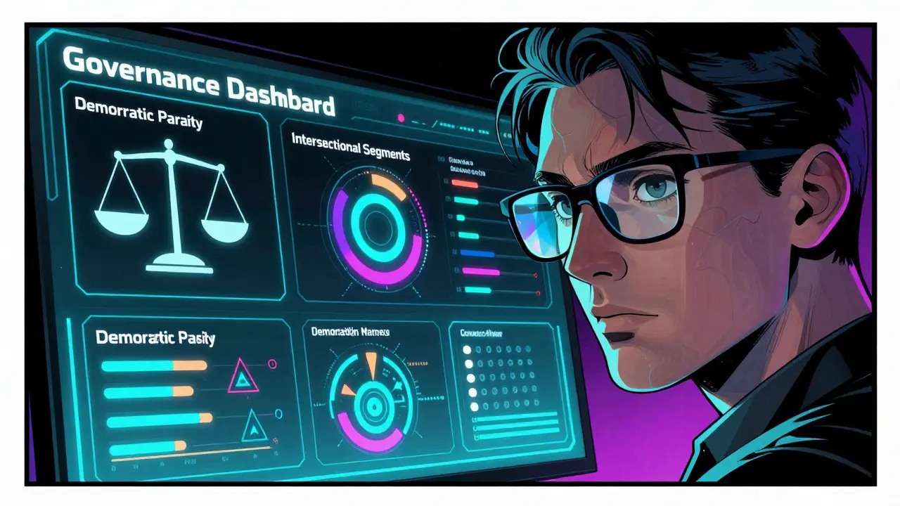 DC comic style: Scientist monitoring AI fairness dashboard