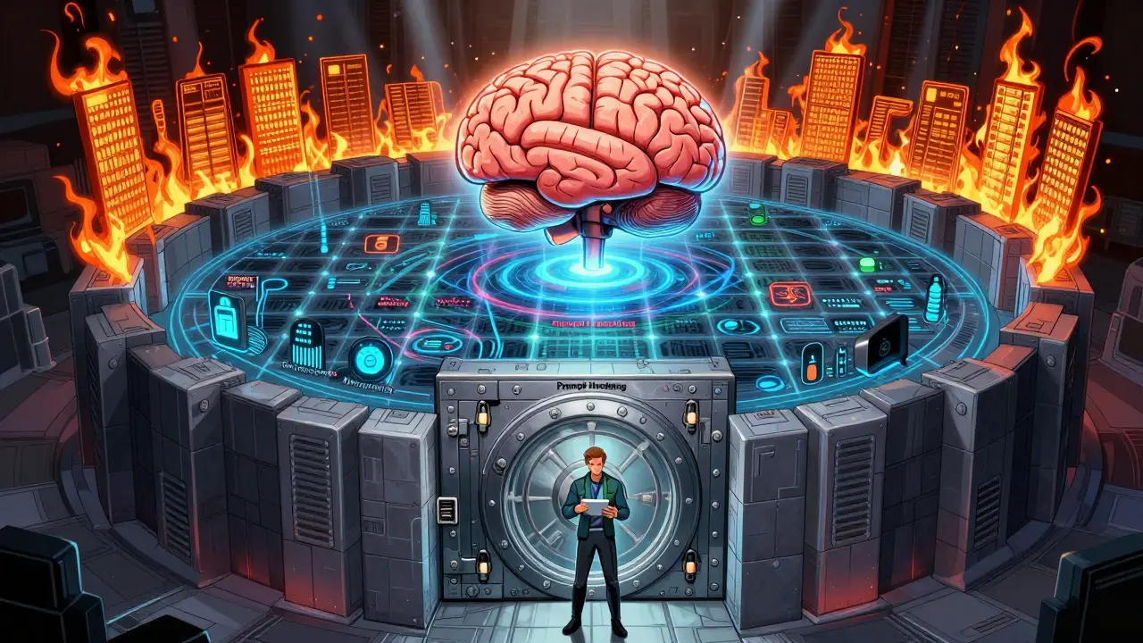 DC Comics style graphic of layered security defenses protecting an AI system