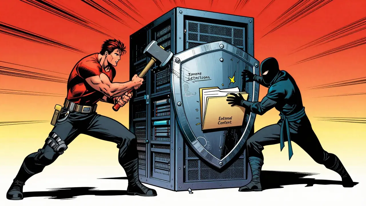 DC Comics style illustration contrasting direct and indirect prompt injection threats