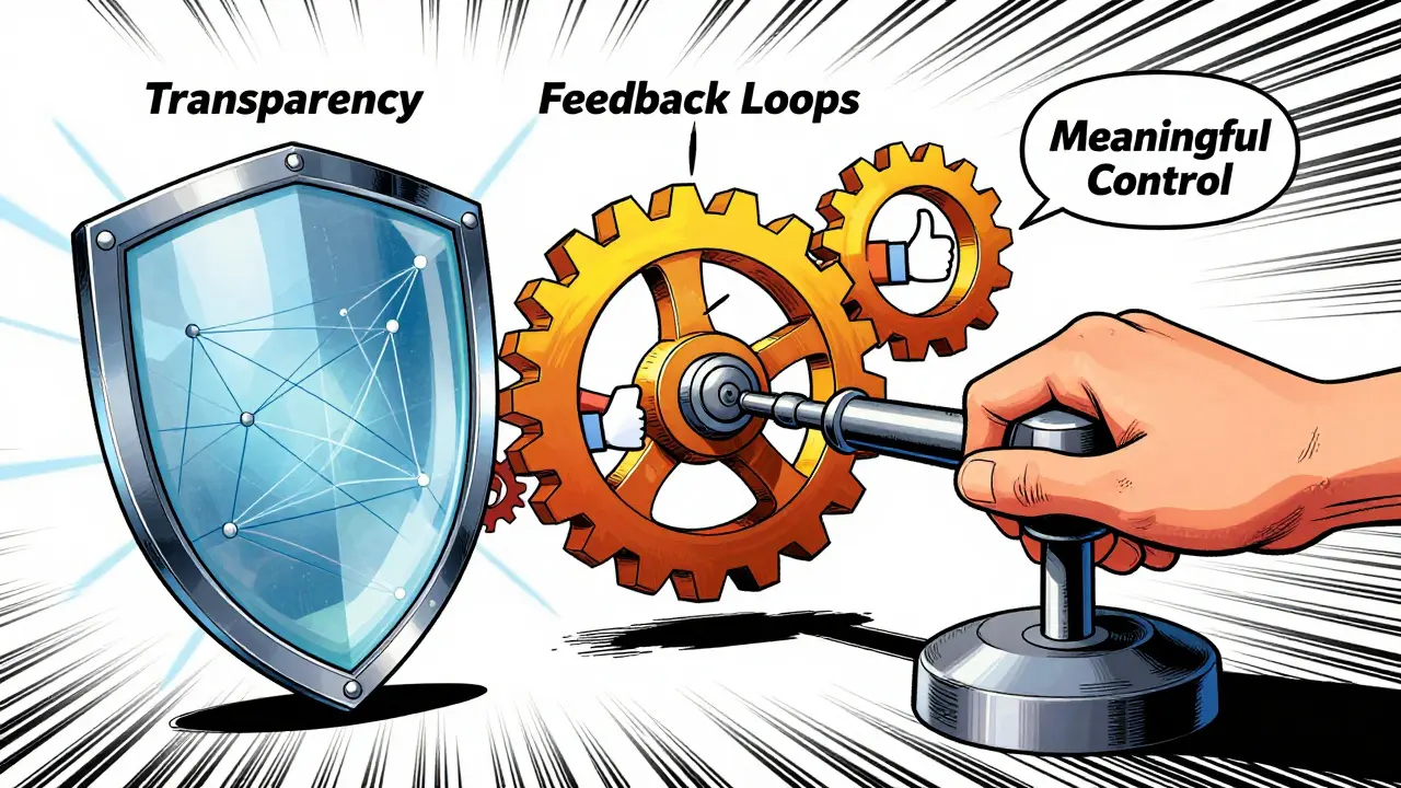 DC Comics style illustration of transparency, feedback, and control symbols
