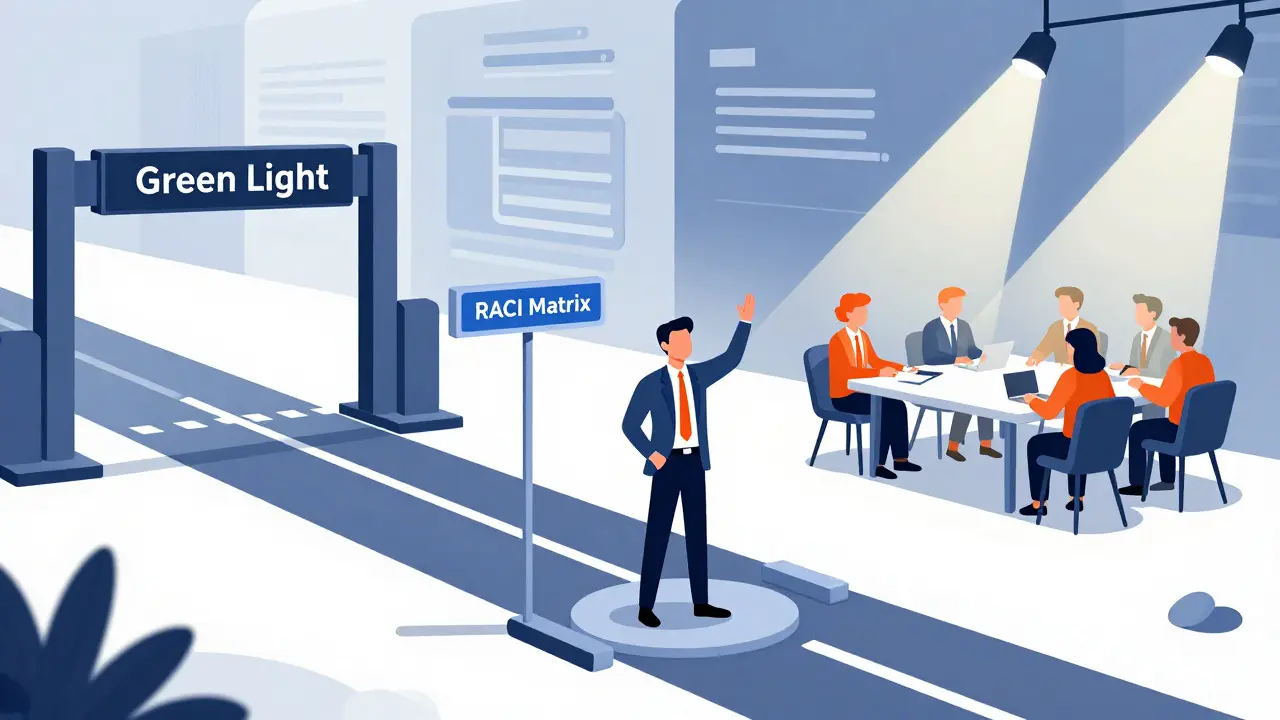Executive sponsor managing AI project approvals via a clear RACI workflow diagram.