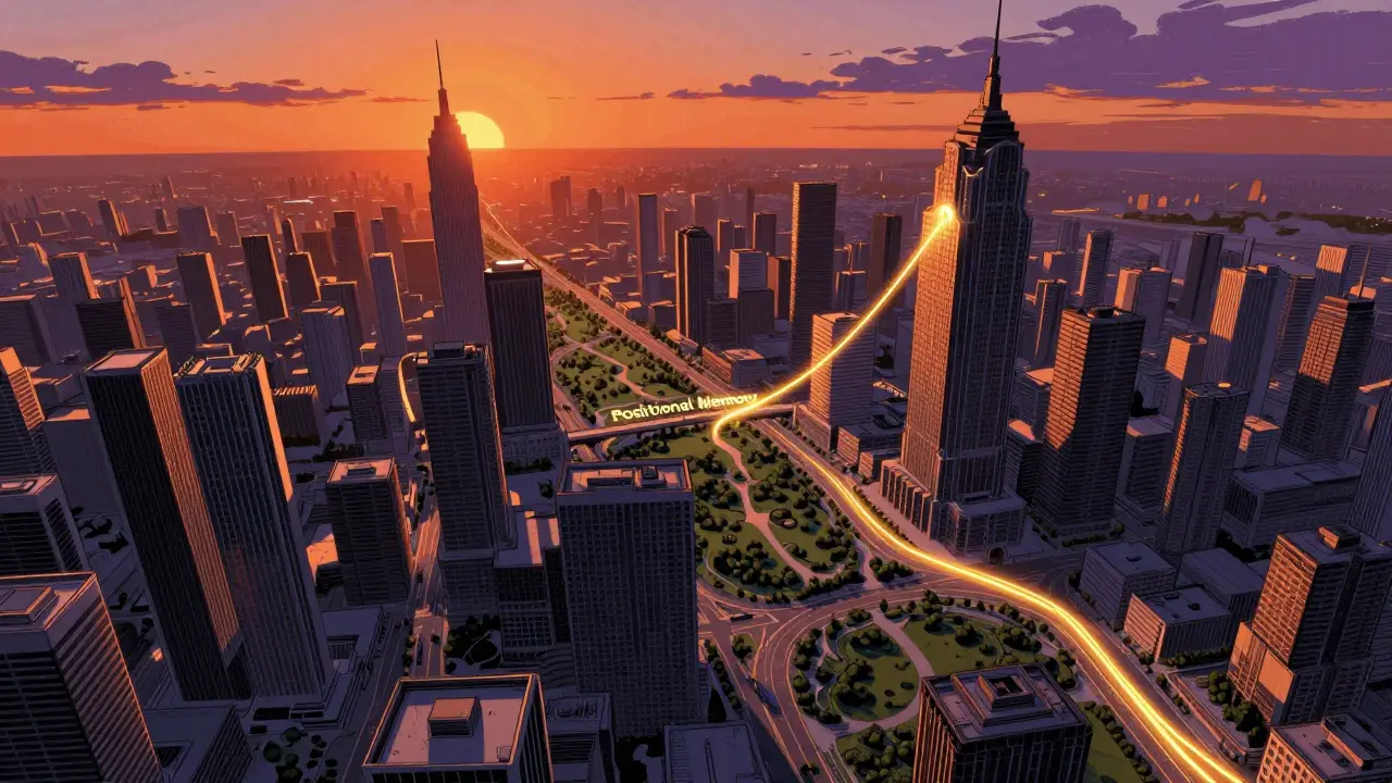 Futuristic city with flowing paths illustrates contextual positional memory concept