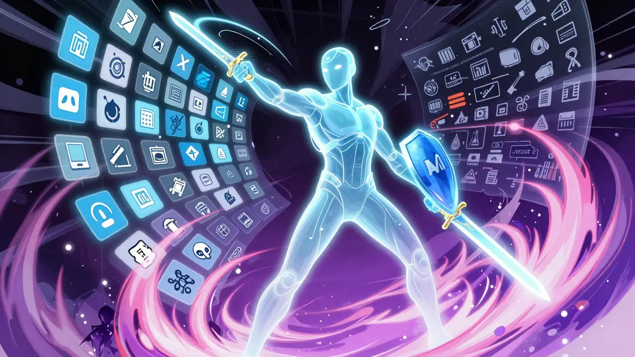Heroic AI agent using selected tools against a backdrop of digital chaos.