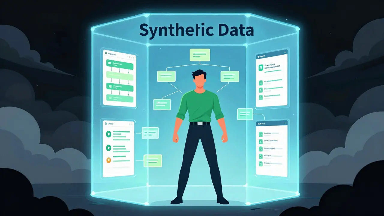 Heroic figure protecting synthetic data sandbox with a glowing forcefield