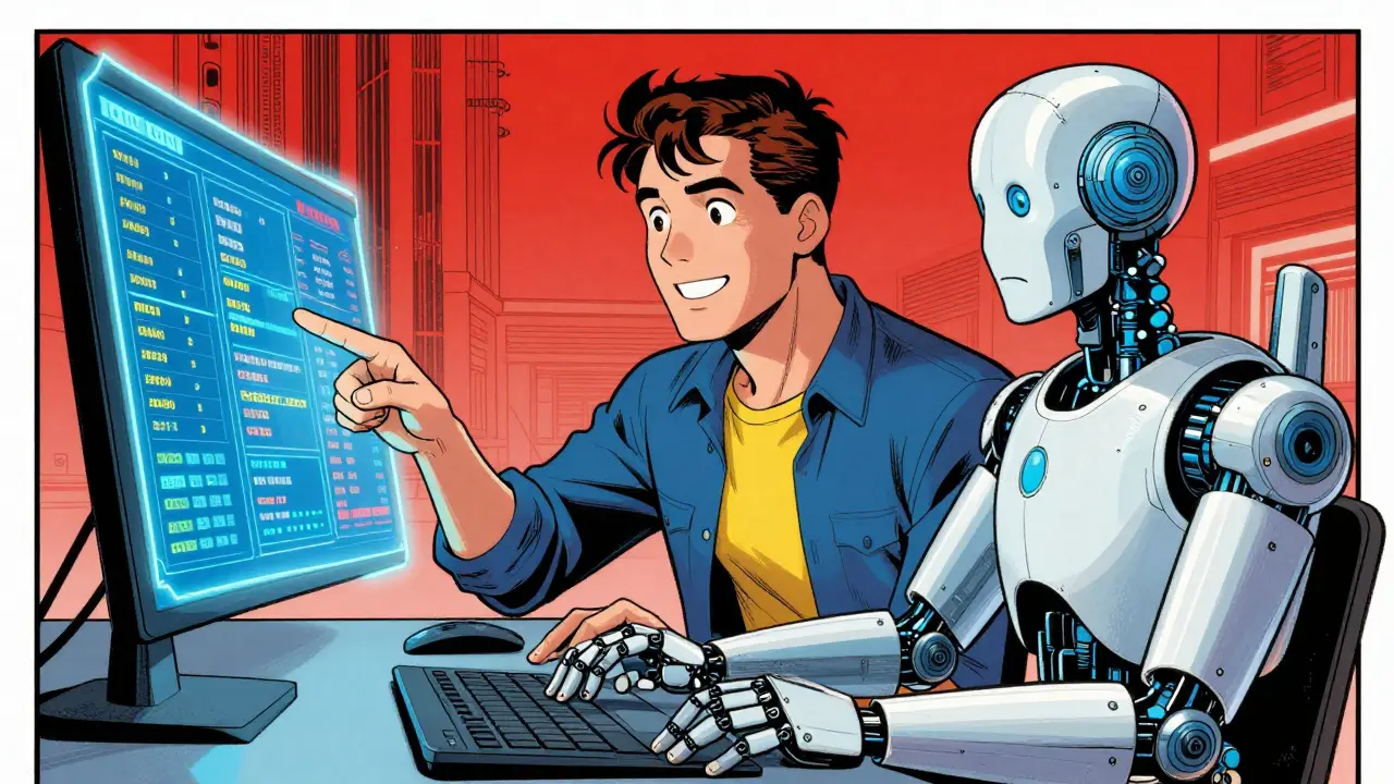 Human and AI collaborating on data verification in a high-tech control room.