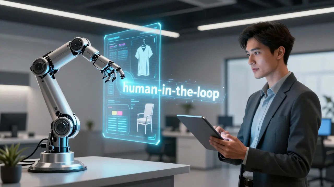 Human editor reviewing AI-generated visual assets on screens, highlighting human-AI collaboration.