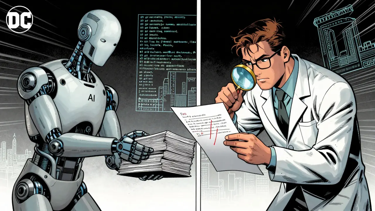 Human engineer correcting AI draft with magnifying glass