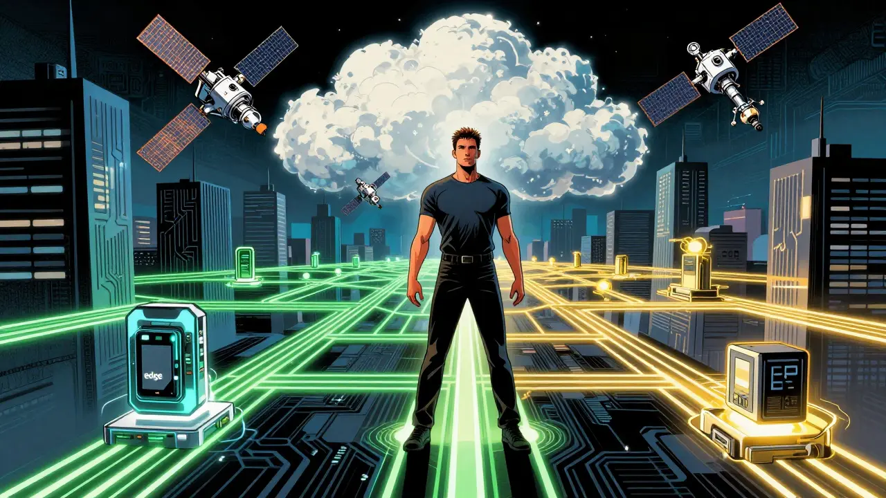 Hybrid AI network connecting user to local device and cloud via glowing paths