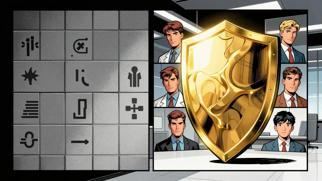 Illustration of adaptive AI safety shields protecting different users in comic style