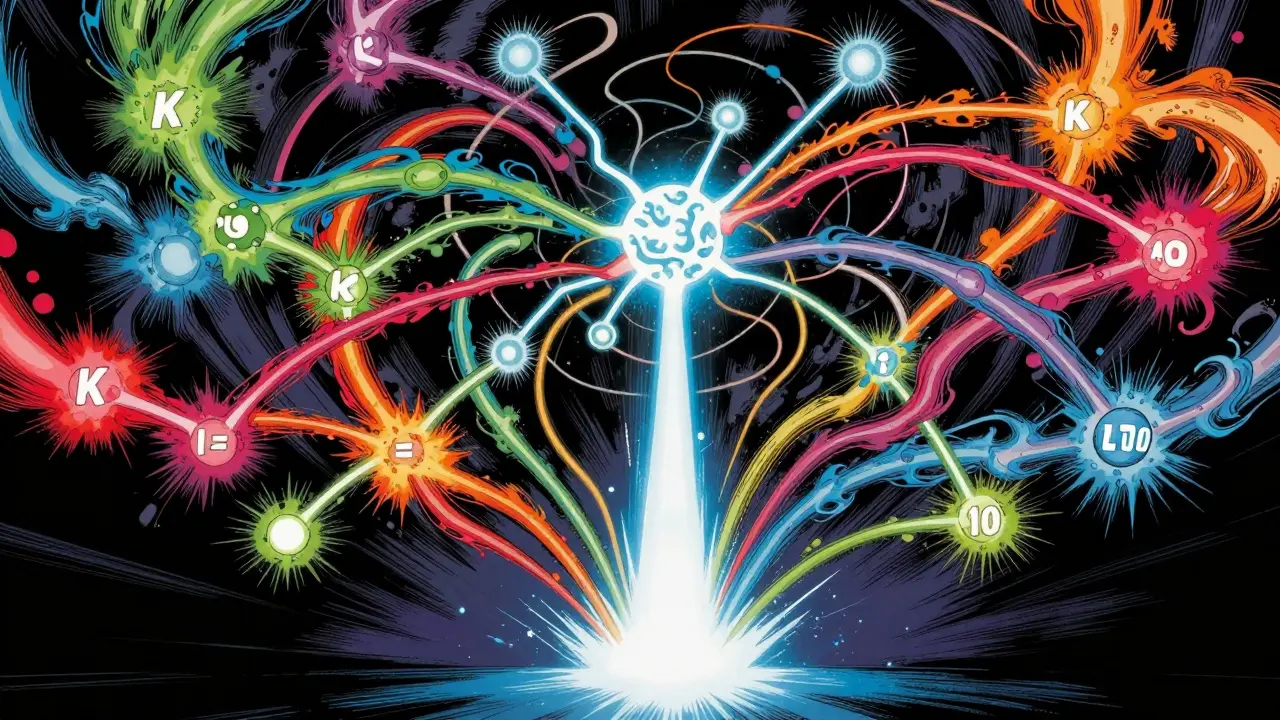 Multiple energy trails branching from a node and converging into one beam