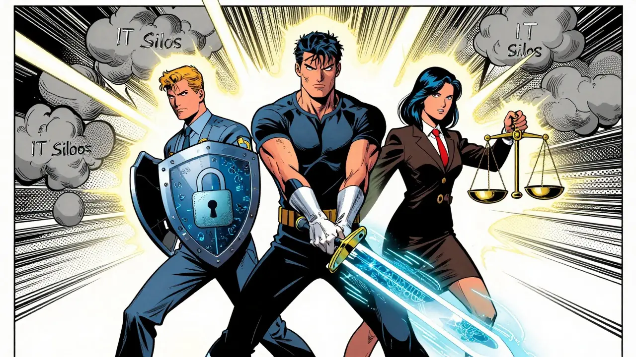 Privacy, Security, and Legal experts standing together as a unified defense team.