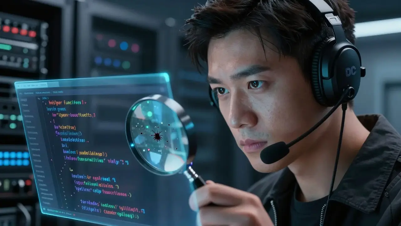 Reviewer inspecting holographic code for hidden vulnerabilities