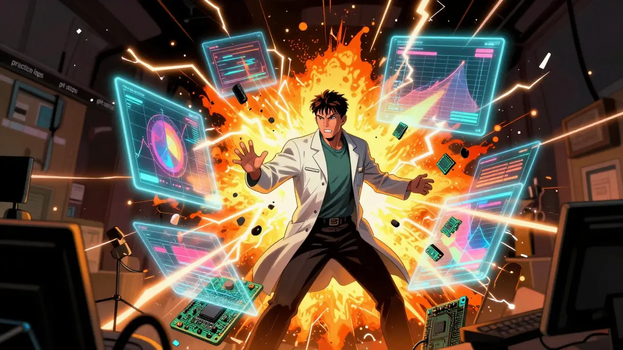 Scientist surrounded by exploding charts representing wasted compute