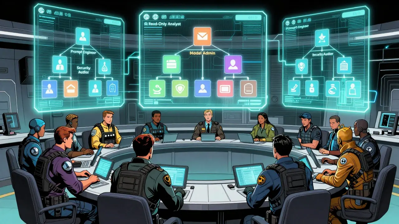 Security team monitoring tiered AI access roles on holograms