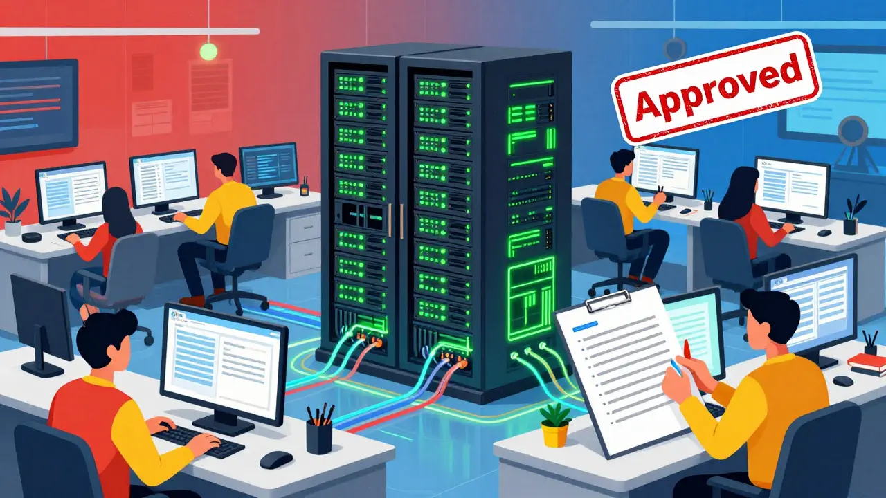 Team approving docs in a futuristic CI/CD workflow