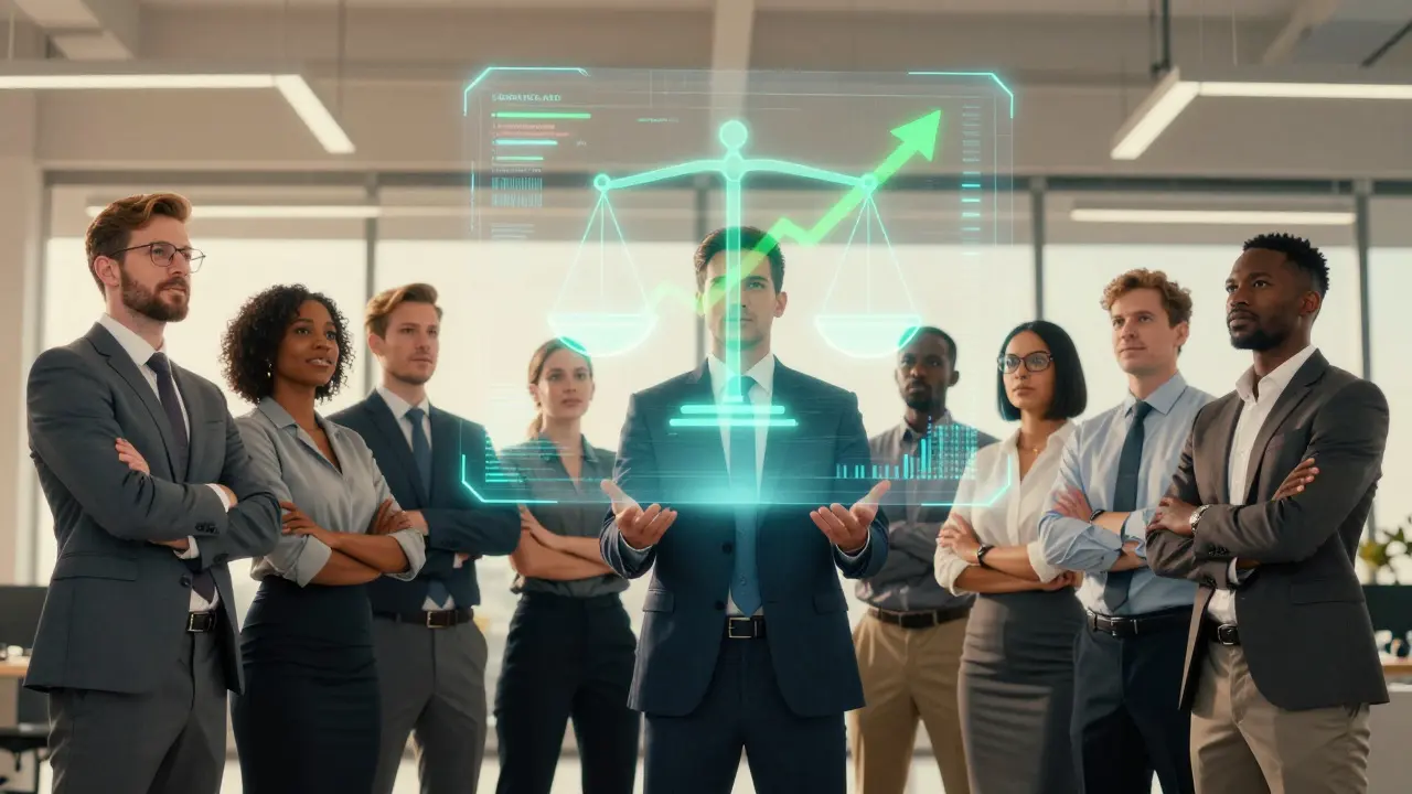 Team celebrating successful AI ROI with balanced holographic metrics