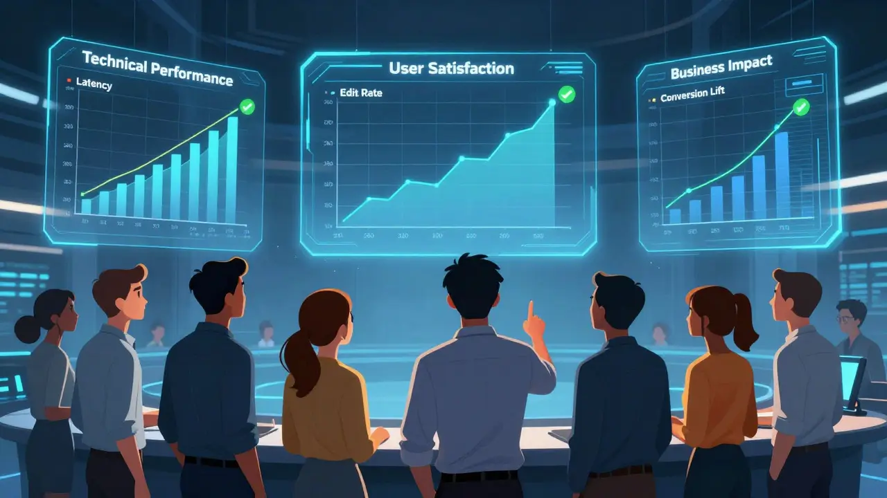 Team monitoring AI metrics dashboard in DC comic style