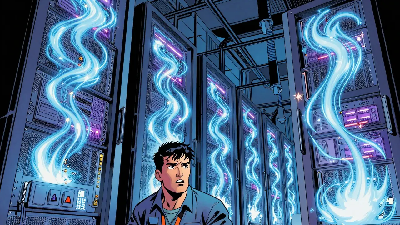 Technician monitoring overheating servers representing high AI compute costs