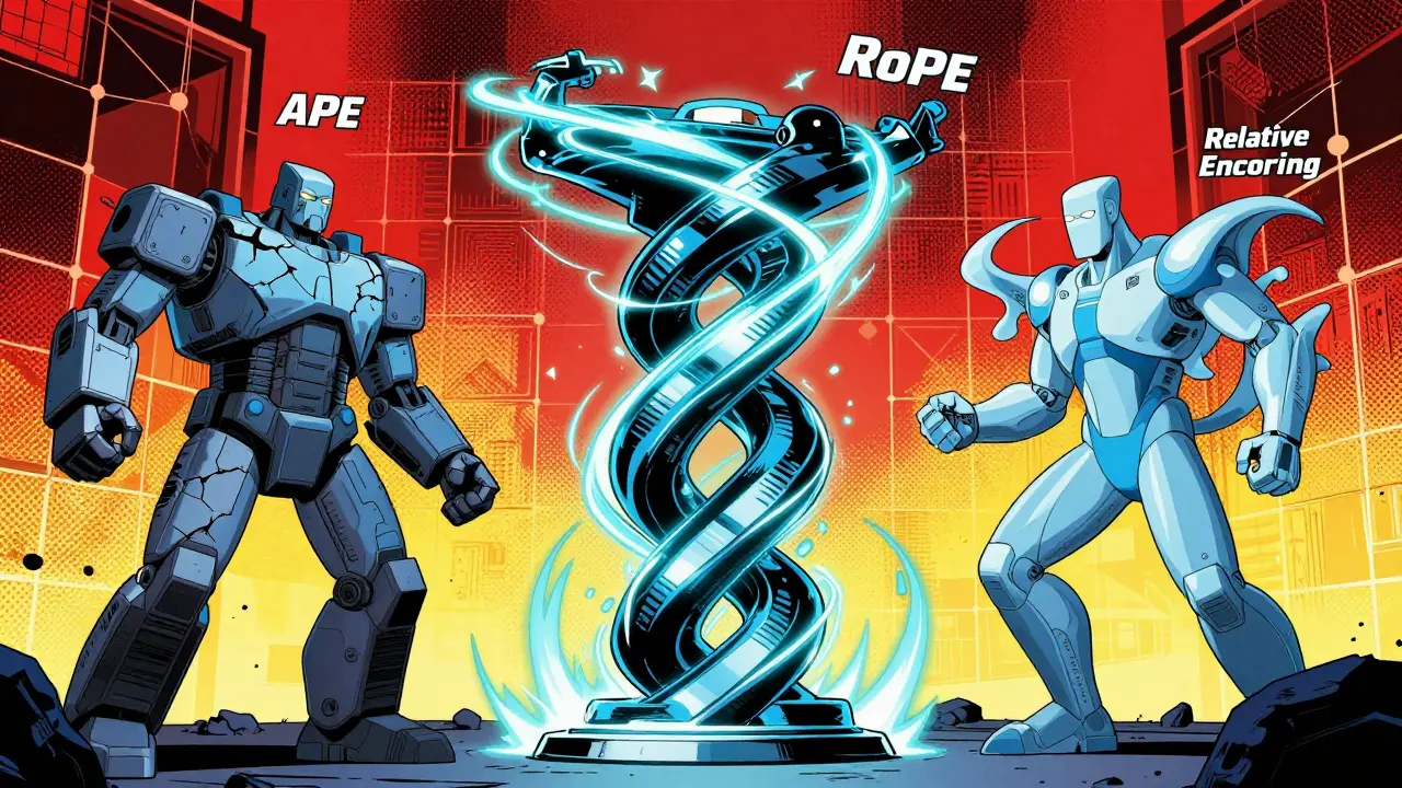Three encoding methods battle in a neural network arena, highlighting RoPE's spin